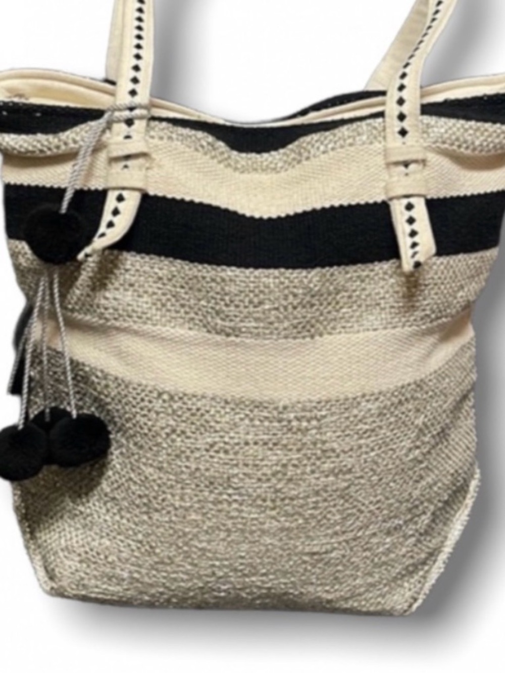Paper Source Black & Metallic Silver Striped Woven Tote with Pom-Poms